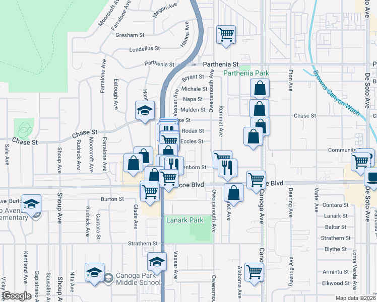 map of restaurants, bars, coffee shops, grocery stores, and more near 21816 Eccles Street in Los Angeles