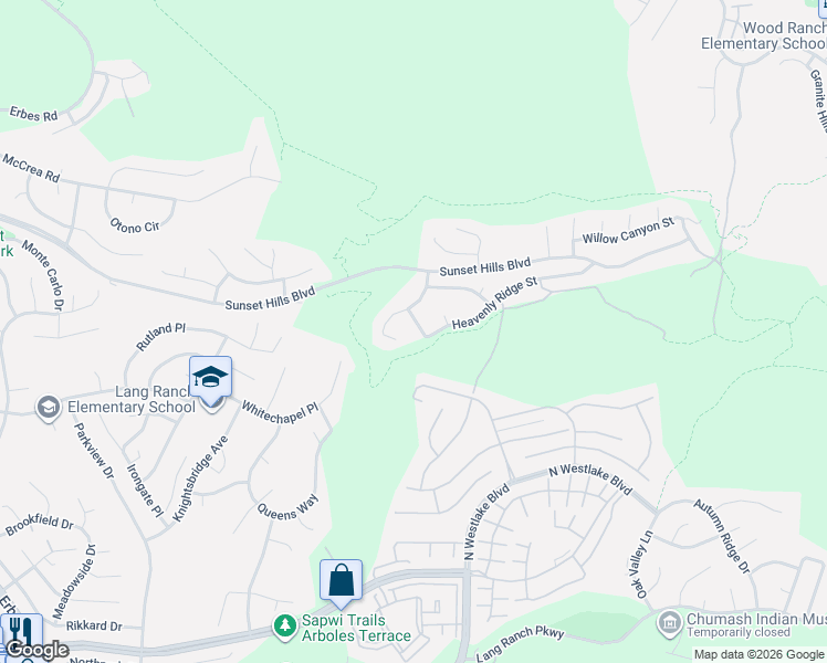 map of restaurants, bars, coffee shops, grocery stores, and more near 2780 Heavenly Ridge Street in Thousand Oaks