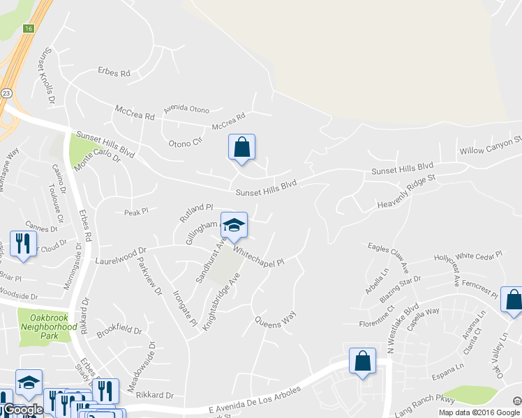 map of restaurants, bars, coffee shops, grocery stores, and more near 3149 Woodgreen Court in Thousand Oaks