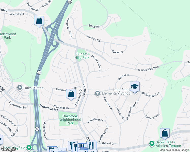 map of restaurants, bars, coffee shops, grocery stores, and more near 3166 Rikkard Drive in Thousand Oaks