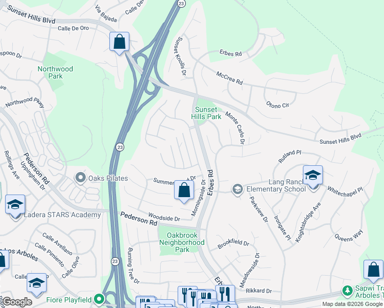 map of restaurants, bars, coffee shops, grocery stores, and more near 3190 Toulouse Circle in Thousand Oaks