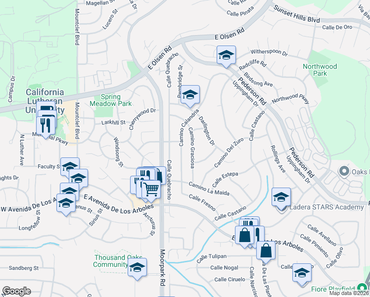 map of restaurants, bars, coffee shops, grocery stores, and more near 3069 Camino Graciosa in Thousand Oaks