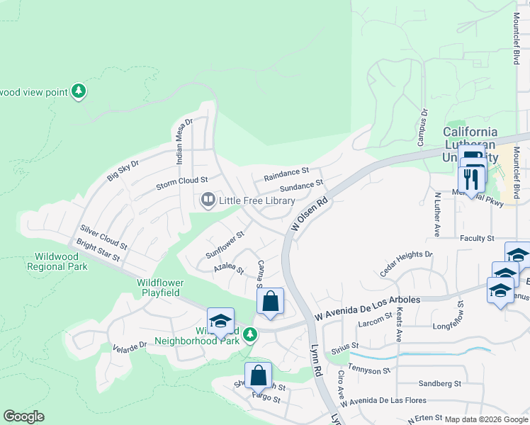 map of restaurants, bars, coffee shops, grocery stores, and more near 552 Sundance Street in Thousand Oaks