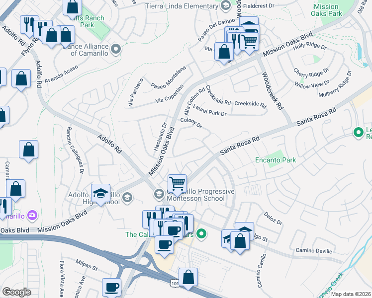 map of restaurants, bars, coffee shops, grocery stores, and more near 658 Buenos Tiempos Drive in Camarillo