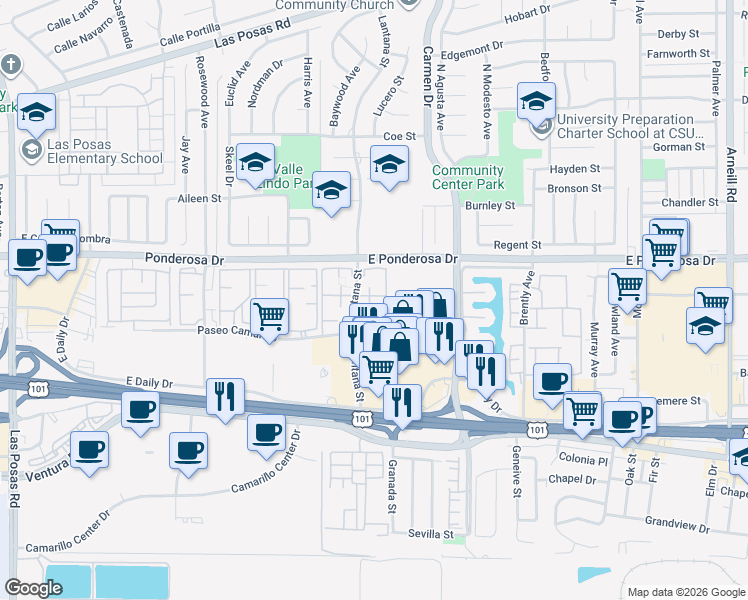 map of restaurants, bars, coffee shops, grocery stores, and more near 621 Lantana Street in Camarillo