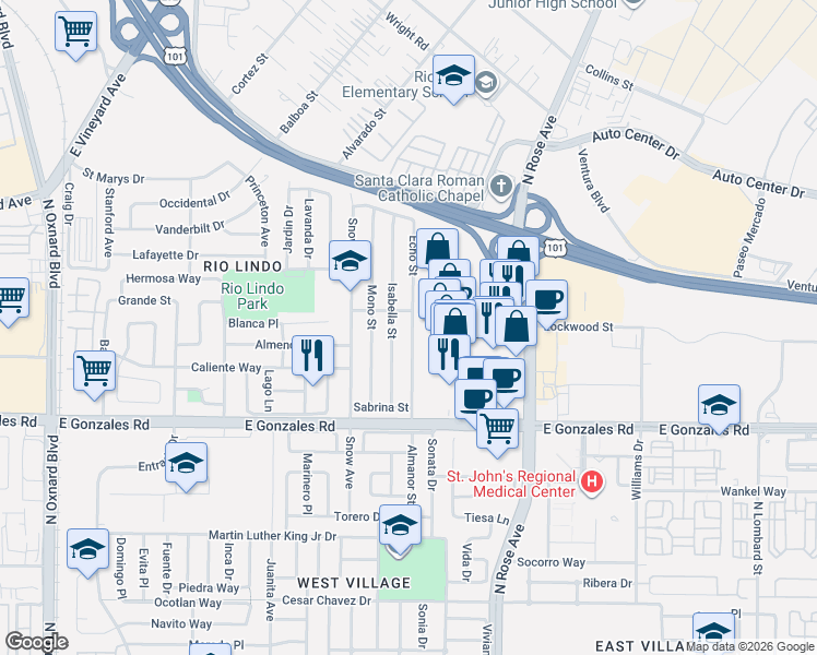 map of restaurants, bars, coffee shops, grocery stores, and more near 2055 Almanor Street in Oxnard