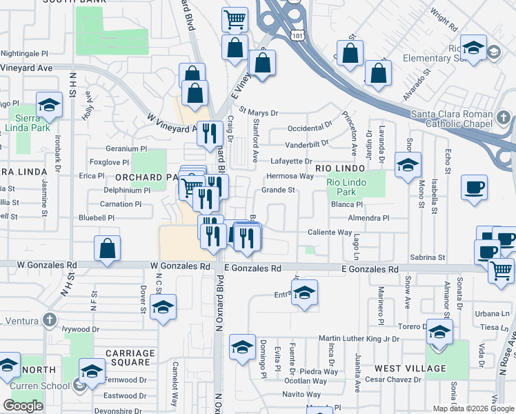 map of restaurants, bars, coffee shops, grocery stores, and more near 2064 Avila Place in Oxnard
