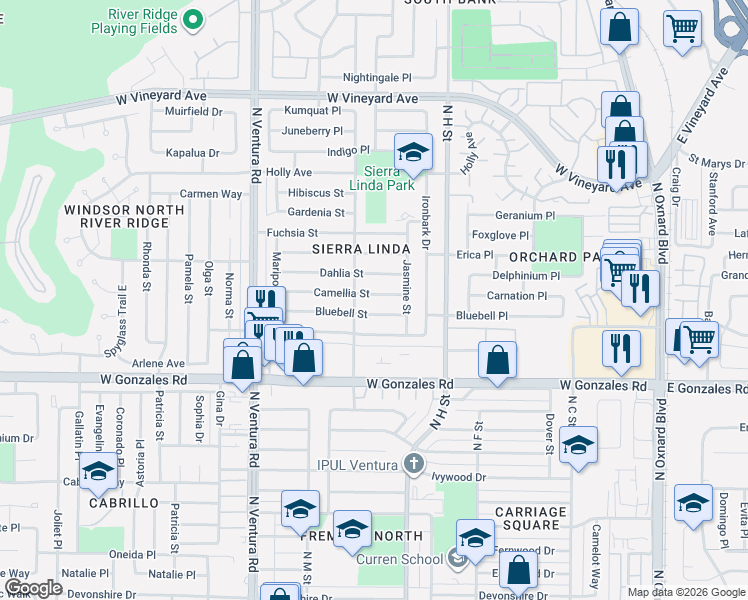 map of restaurants, bars, coffee shops, grocery stores, and more near 1131 Camellia Street in Oxnard