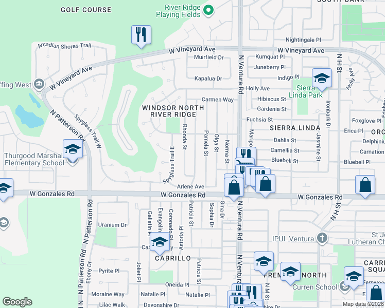 map of restaurants, bars, coffee shops, grocery stores, and more near 2064 Rhonda Street in Oxnard