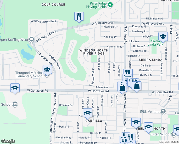 map of restaurants, bars, coffee shops, grocery stores, and more near 2101 Cold Stream Court in Oxnard