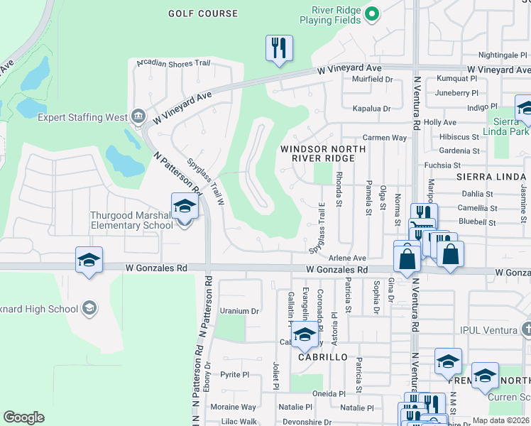 map of restaurants, bars, coffee shops, grocery stores, and more near 2108 Bermuda Dunes Place in Oxnard