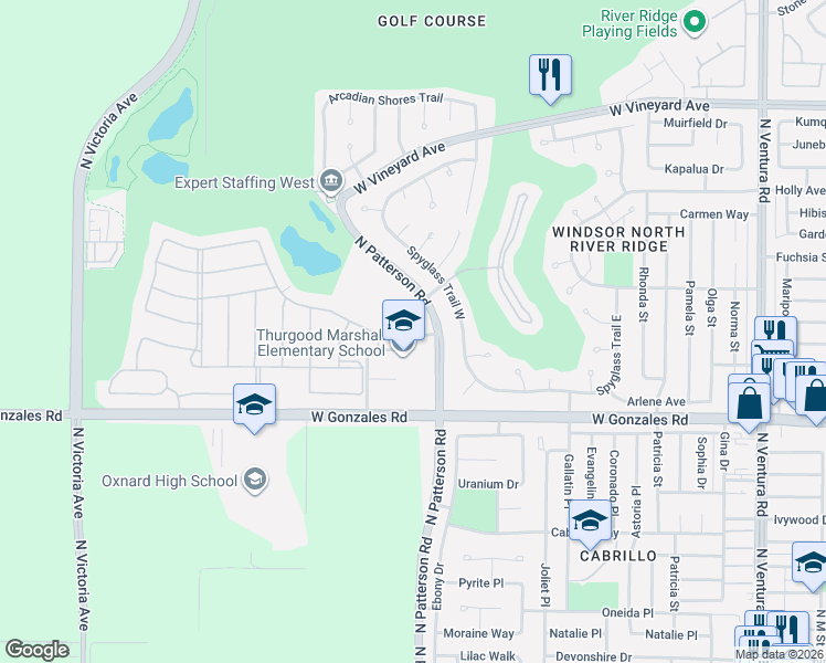 map of restaurants, bars, coffee shops, grocery stores, and more near 2901 Dove Canyon Drive in Oxnard