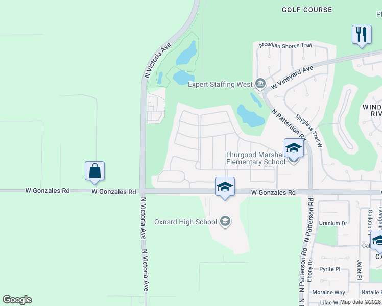 map of restaurants, bars, coffee shops, grocery stores, and more near 3637 Dry Creek Lane in Oxnard