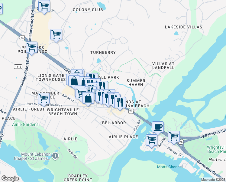 map of restaurants, bars, coffee shops, grocery stores, and more near 2001 Eastwood Road in Wilmington