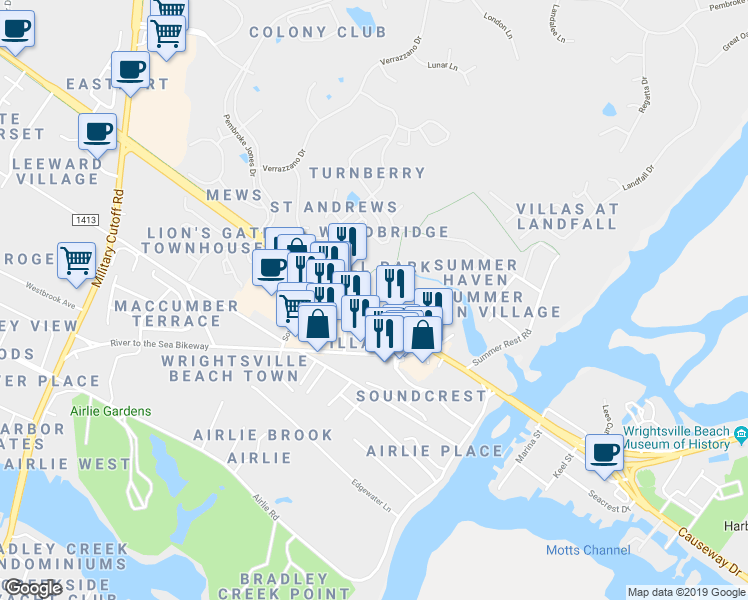 map of restaurants, bars, coffee shops, grocery stores, and more near 2001 Eastwood Road in Wilmington