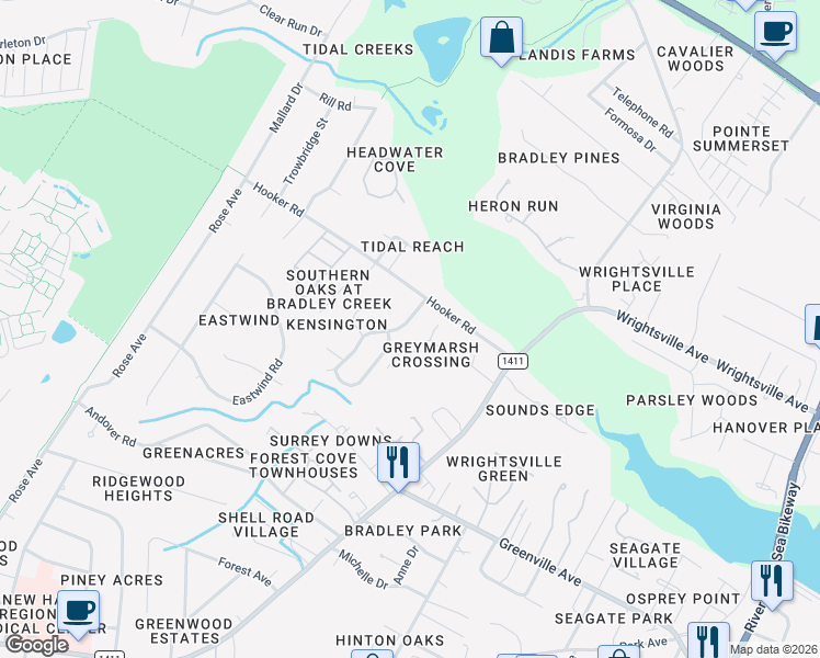 map of restaurants, bars, coffee shops, grocery stores, and more near 6127-6131 Dorsett Place in Wilmington