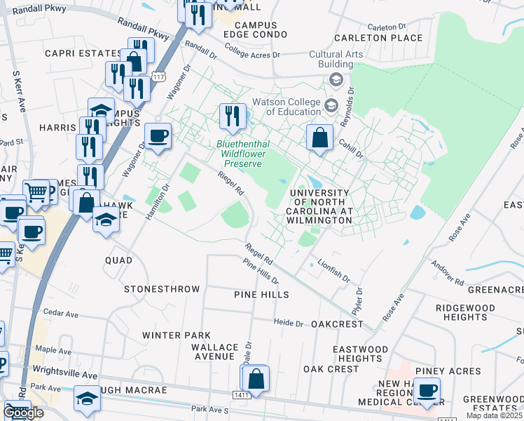 map of restaurants, bars, coffee shops, grocery stores, and more near Riegel Rd in Wilmington