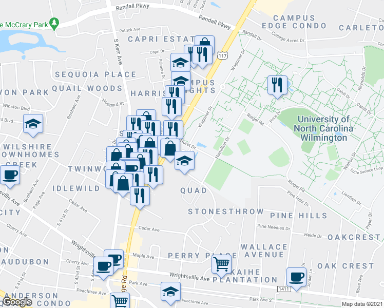 map of restaurants, bars, coffee shops, grocery stores, and more near 4756 Seahawk Court in Wilmington