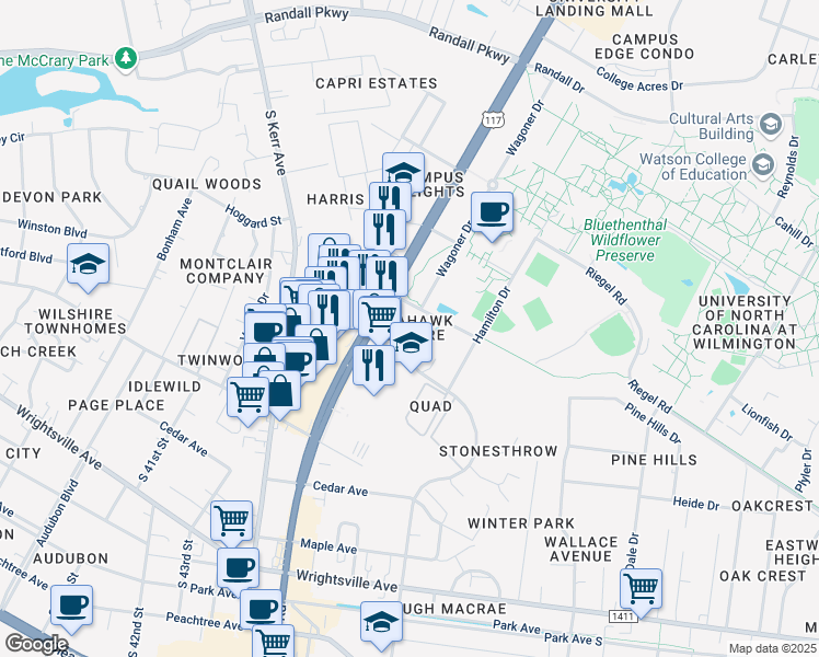 map of restaurants, bars, coffee shops, grocery stores, and more near in Wilmington