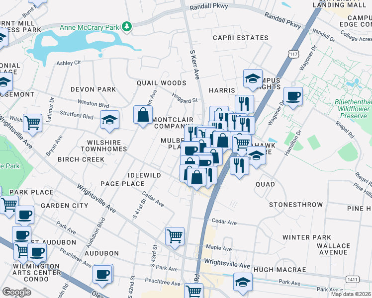 map of restaurants, bars, coffee shops, grocery stores, and more near 712 Varsity Drive in Wilmington