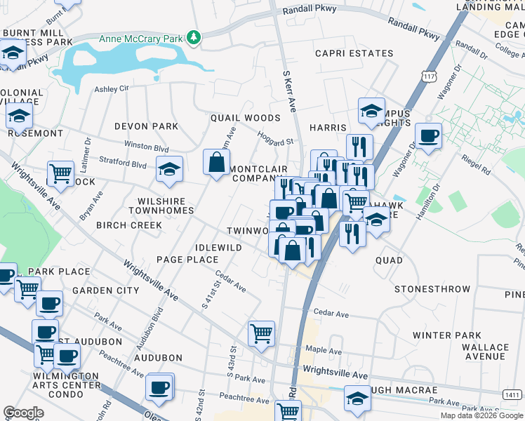 map of restaurants, bars, coffee shops, grocery stores, and more near 714 Varsity Drive in Wilmington
