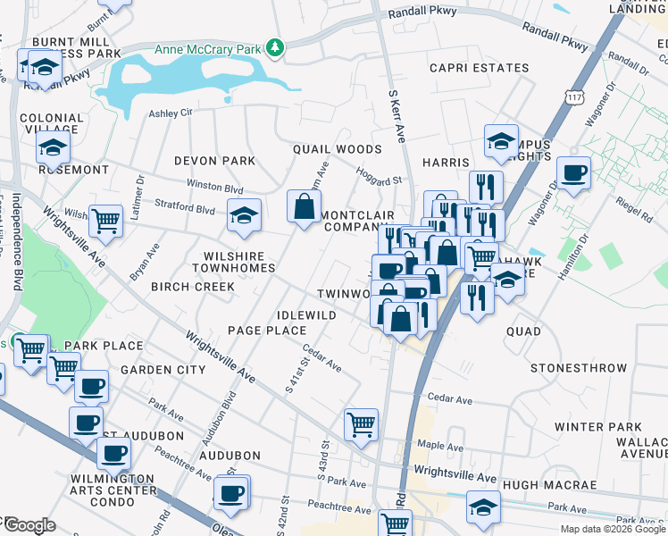 map of restaurants, bars, coffee shops, grocery stores, and more near 4107 Morton Court in Wilmington