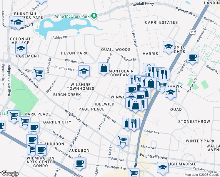 map of restaurants, bars, coffee shops, grocery stores, and more near 734 Montclair Drive in Wilmington