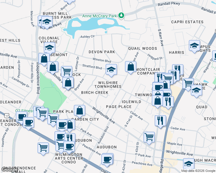 map of restaurants, bars, coffee shops, grocery stores, and more near 974 Downey Branch Lane in Wilmington