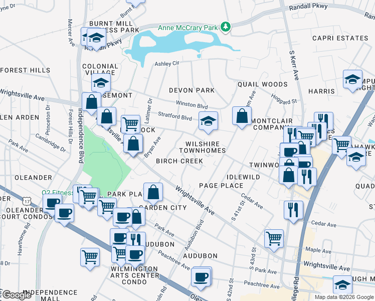 map of restaurants, bars, coffee shops, grocery stores, and more near 974 Downey Branch Lane in Wilmington