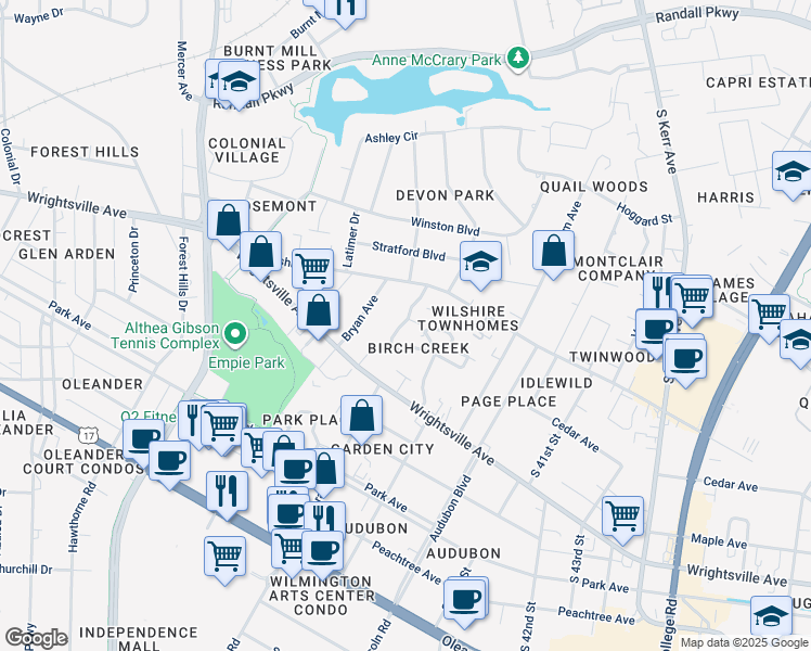 map of restaurants, bars, coffee shops, grocery stores, and more near 995 Downey Branch Lane in Wilmington
