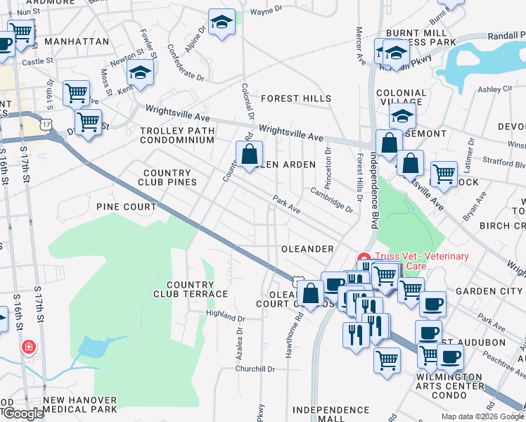 map of restaurants, bars, coffee shops, grocery stores, and more near 2618 Park Avenue in Wilmington