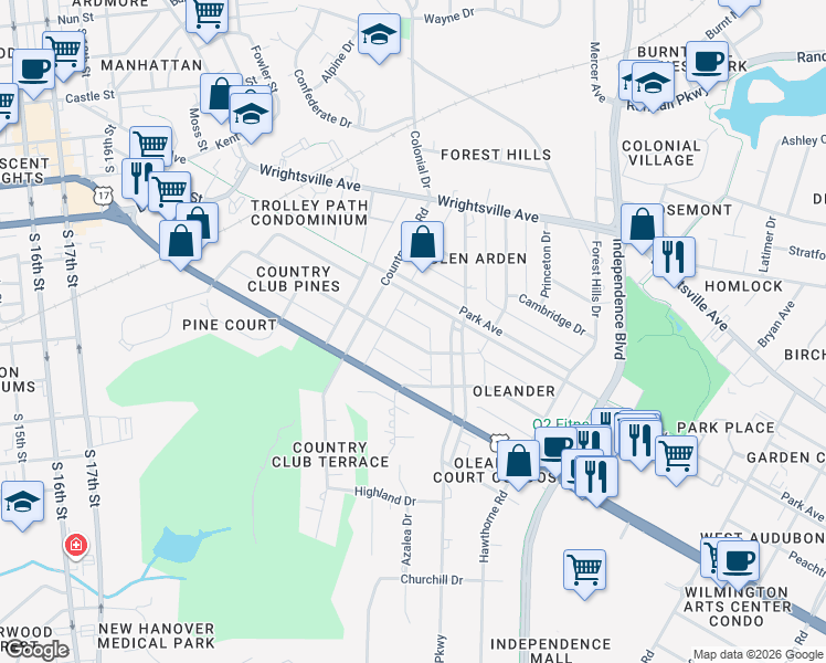 map of restaurants, bars, coffee shops, grocery stores, and more near 2521 Mimosa Pl in Wilmington