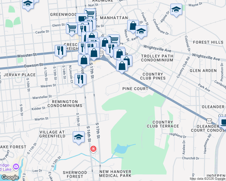 map of restaurants, bars, coffee shops, grocery stores, and more near 1201-1299 Columbus Cir in Wilmington