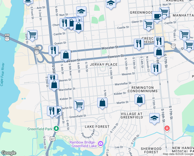 map of restaurants, bars, coffee shops, grocery stores, and more near 817 Meares Street in Wilmington