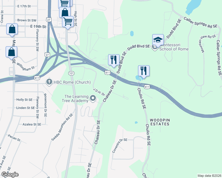 map of restaurants, bars, coffee shops, grocery stores, and more near 6 Chateau Drive Southeast in Rome