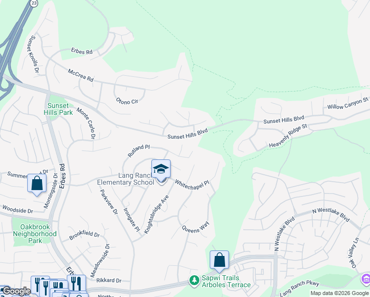 map of restaurants, bars, coffee shops, grocery stores, and more near 3124 Woodgreen Court in Thousand Oaks