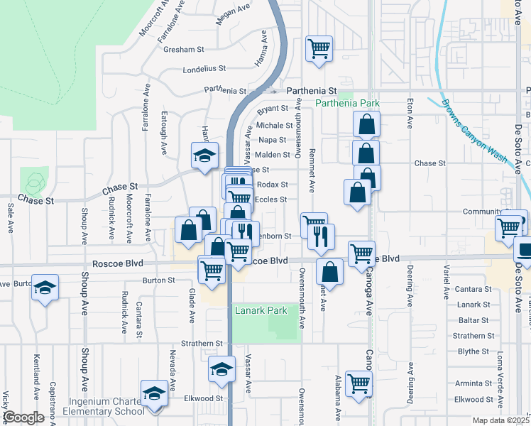 map of restaurants, bars, coffee shops, grocery stores, and more near 21816 Eccles Street in Los Angeles