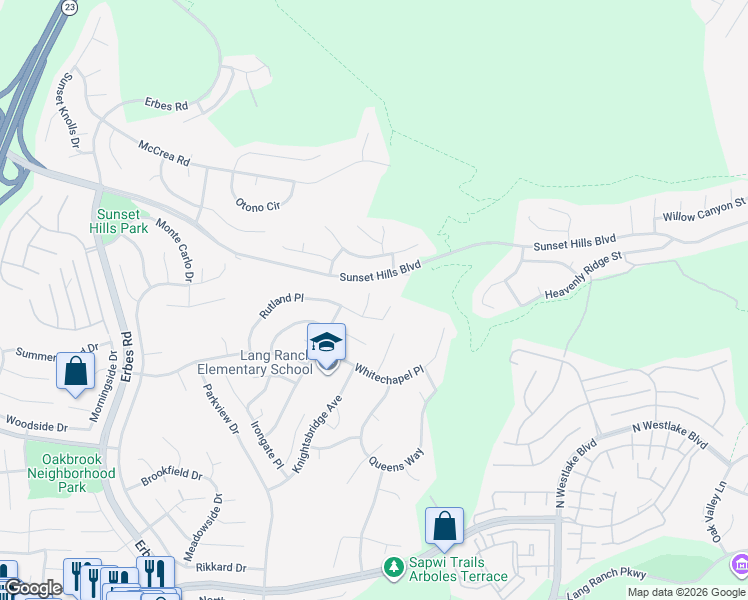 map of restaurants, bars, coffee shops, grocery stores, and more near 3124 Woodgreen Court in Thousand Oaks