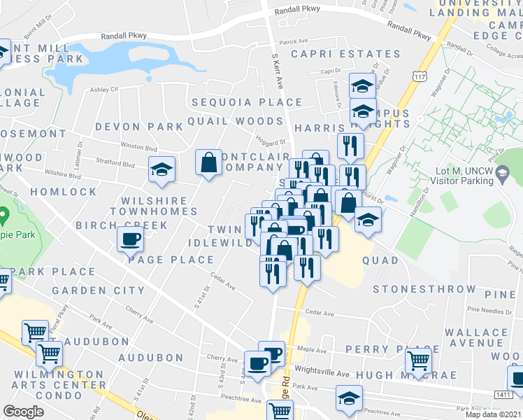 map of restaurants, bars, coffee shops, grocery stores, and more near 720 Varsity Drive in Wilmington