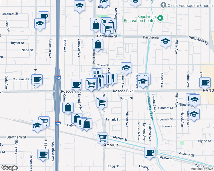 map of restaurants, bars, coffee shops, grocery stores, and more near 8333 Columbus Avenue in Los Angeles