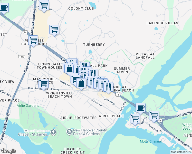 map of restaurants, bars, coffee shops, grocery stores, and more near 2001 Eastwood Road in Wilmington