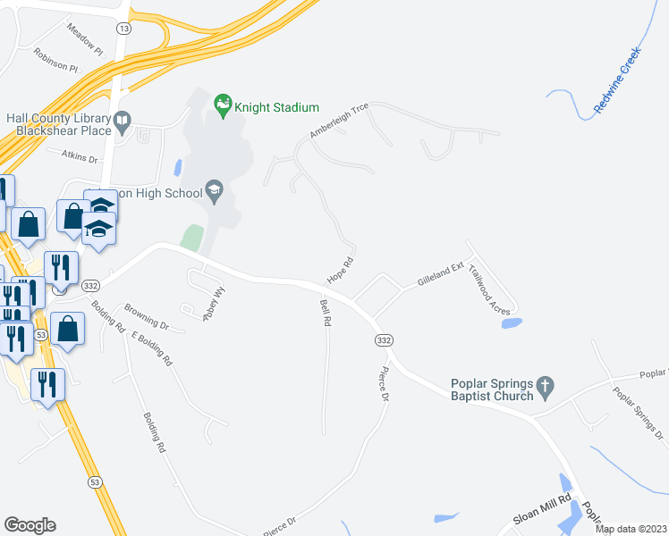 map of restaurants, bars, coffee shops, grocery stores, and more near 3417 Hope Road in Gainesville
