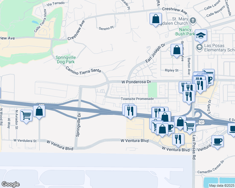 map of restaurants, bars, coffee shops, grocery stores, and more near 350 Serra Street in Camarillo