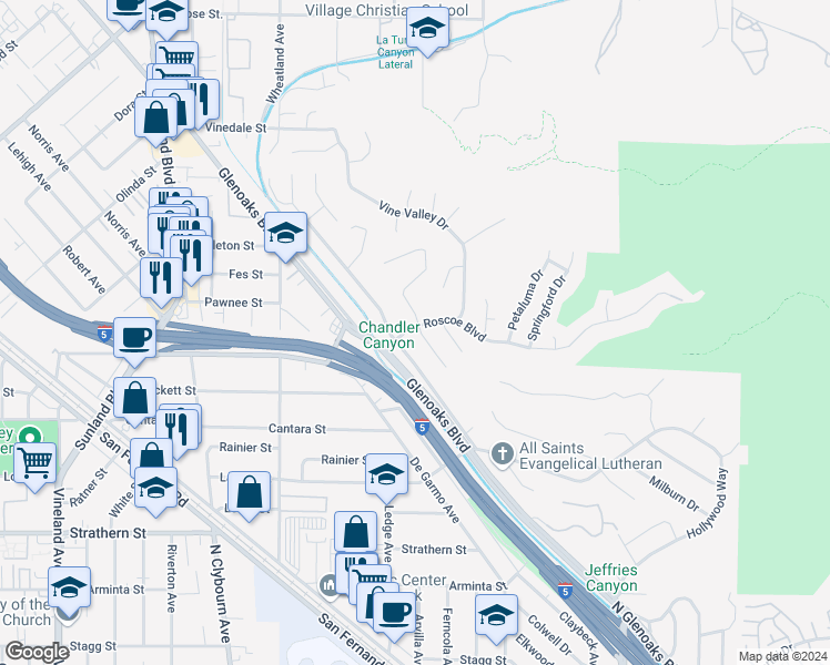 map of restaurants, bars, coffee shops, grocery stores, and more near 8357 Outland View Drive in Los Angeles