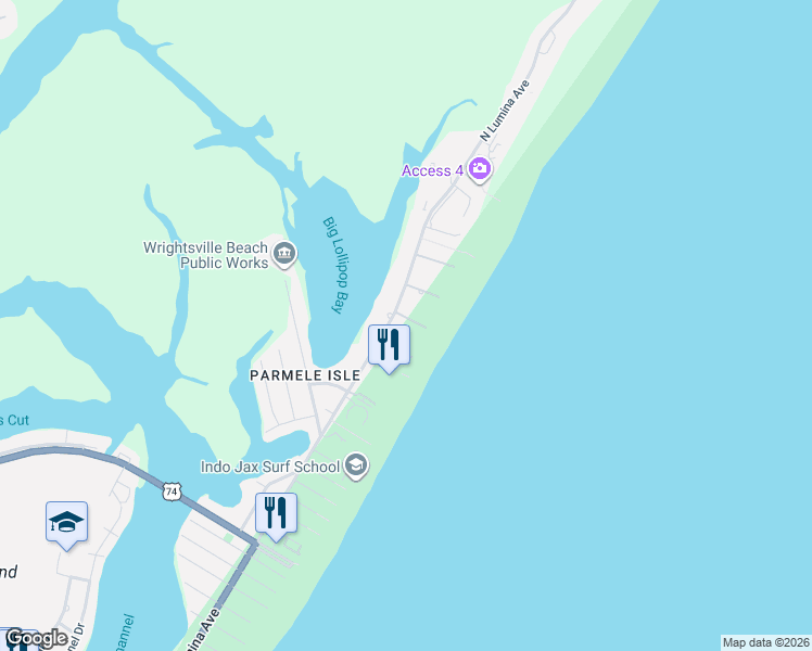 map of restaurants, bars, coffee shops, grocery stores, and more near 1905 North Lumina Avenue in Wrightsville Beach