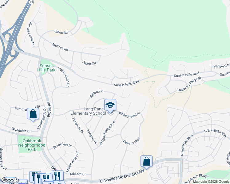 map of restaurants, bars, coffee shops, grocery stores, and more near 2457 Rutland Place in Thousand Oaks