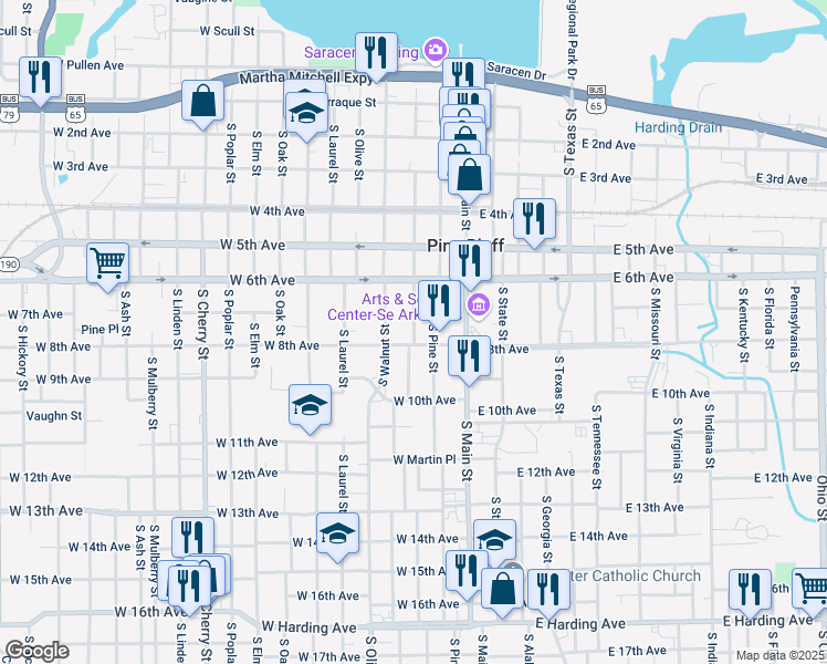 map of restaurants, bars, coffee shops, grocery stores, and more near 706 South Chestnut Street in Pine Bluff