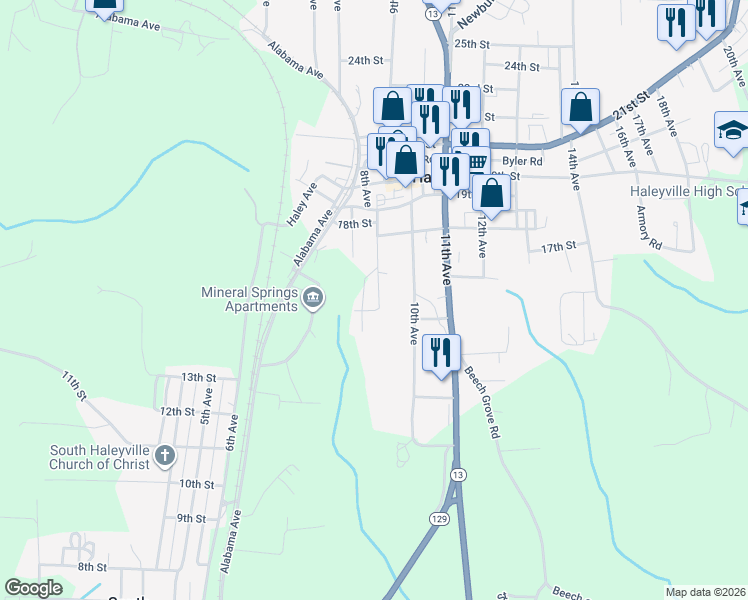 map of restaurants, bars, coffee shops, grocery stores, and more near 1704 9th Avenue South in Haleyville