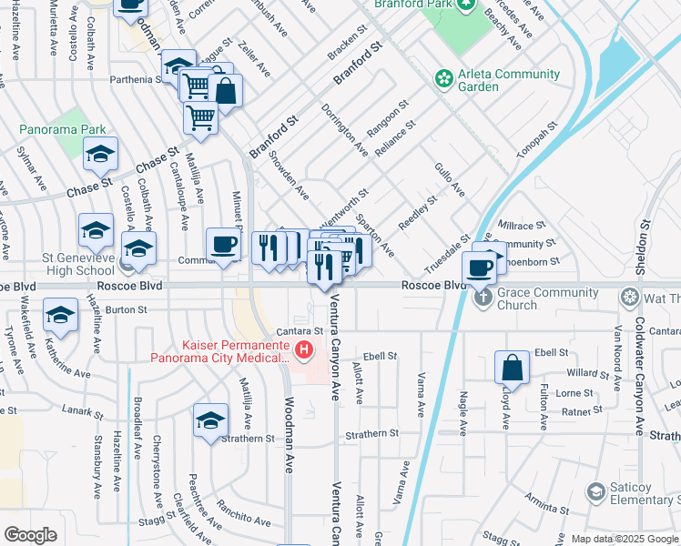 map of restaurants, bars, coffee shops, grocery stores, and more near 13553 Reedley Street in Los Angeles