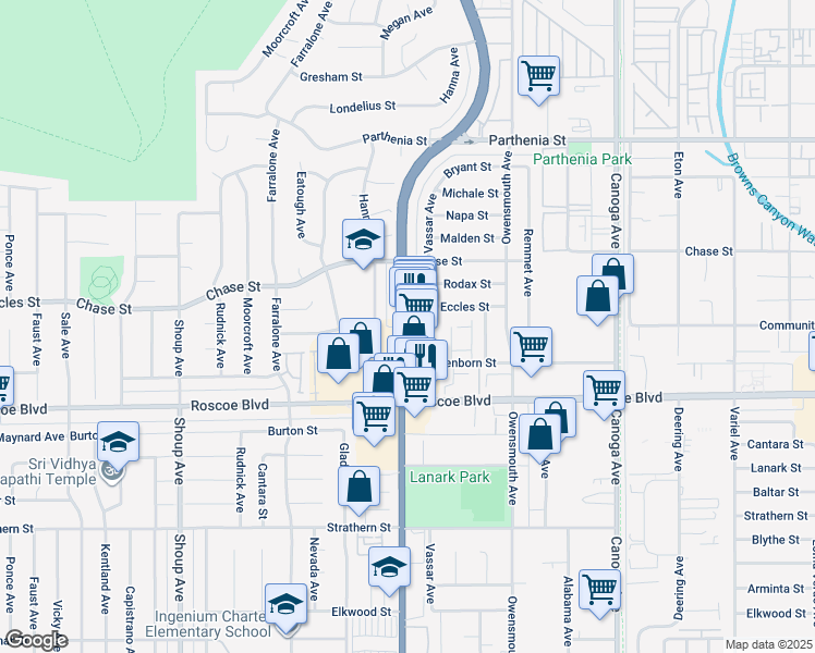 map of restaurants, bars, coffee shops, grocery stores, and more near 8378 Topanga Canyon Boulevard in Los Angeles
